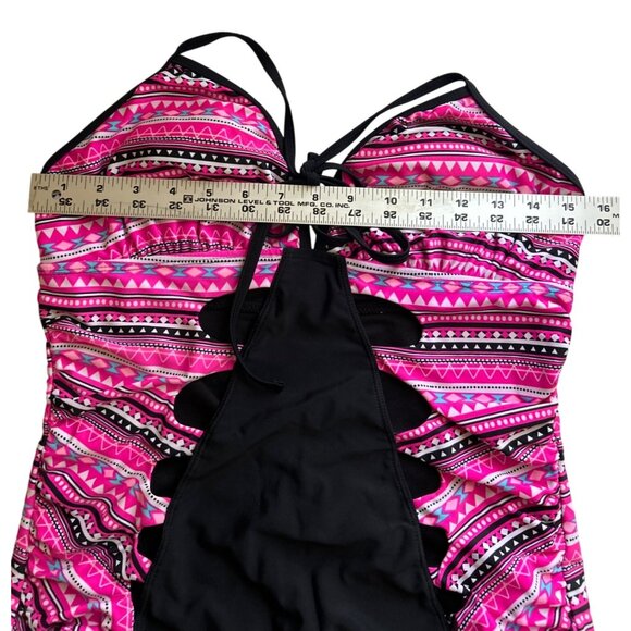 Bongo Pink & Black Aztec Print One-Piece Swimsuit With Side Cutouts & Halter Tie - Picture 6 of 10